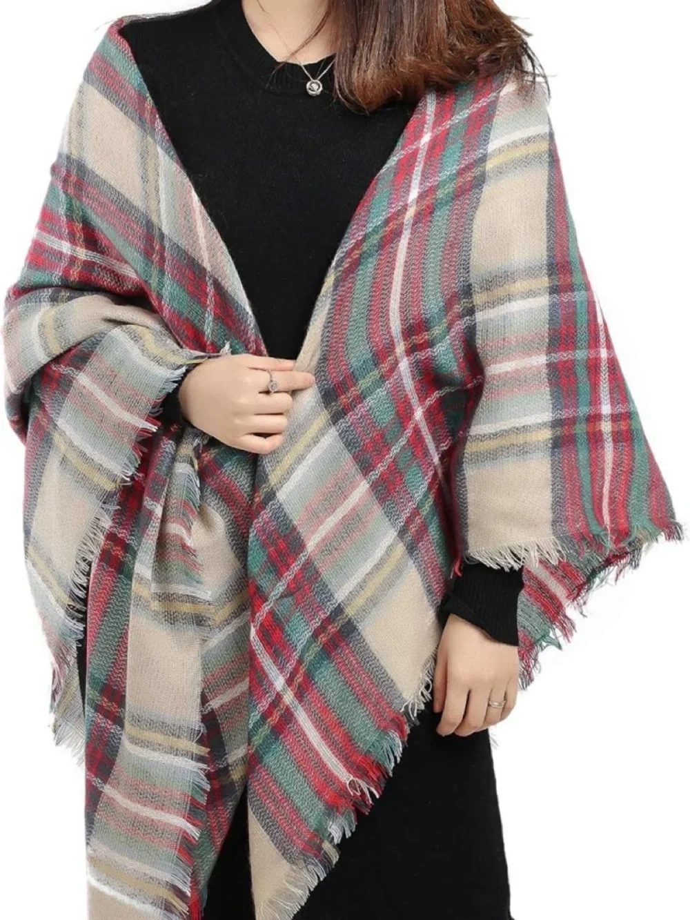 Plaid Fringe Blanket Scarf - Beige, Red & Green
